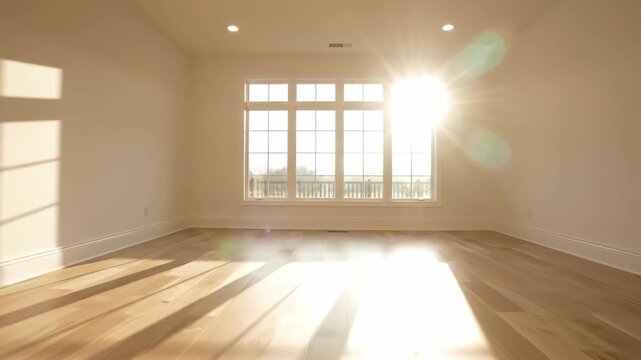 Sunlit empty room with wooden floorboards and large windows