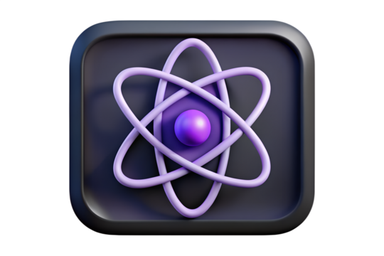 3d render of an atom icon with purple nucleus and orbiting electrons isolated on transparent background