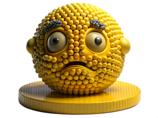 Textured yellow emoji with a worried expression isolated on transparent background, conveying concern and anxiety