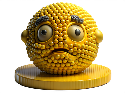 Textured yellow emoji with a worried expression isolated on transparent background, conveying concern and anxiety
