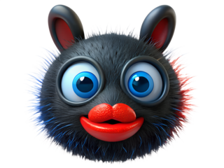 Funny fluffy monster with big eyes, red lips and small ears isolated on transparent background 3d rendering