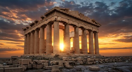 Parthenon at Sunset Iconic Greek Temple on the Acropolis with Athens, and with Golden Sky.