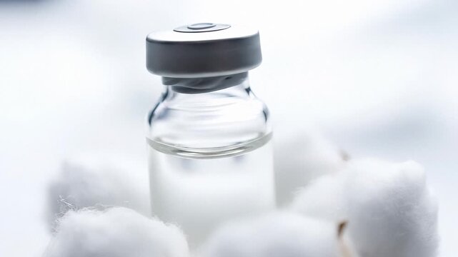 Clear glass vial with liquid surrounded by cotton. Healthcare product showcases purity and safety. Ideal for medical and beauty industries.