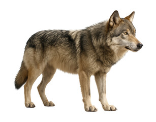Fototapeta premium Adult gray wolf with thick, mottled fur and pointed ears, shown in profile.