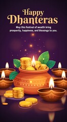 Happy Dhanteras greeting with gold coins pot and traditional oil lamps