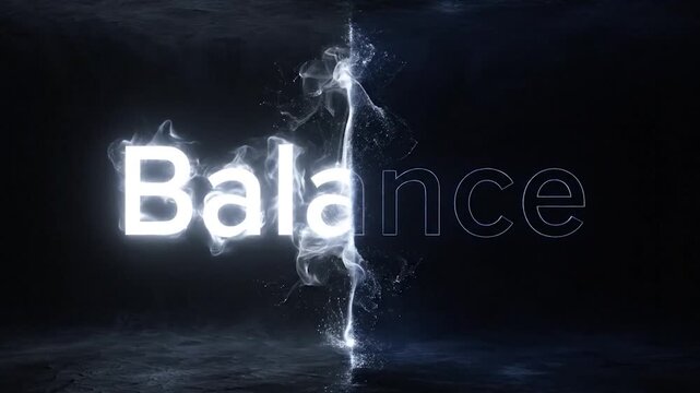 Dynamic Balance Text Animation with Glowing and Smoke Effects on Dark Background.