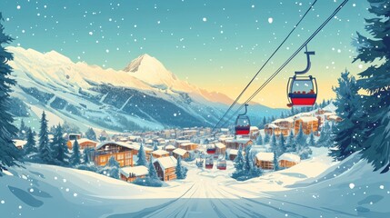 Fototapeta premium Colorful ski cabin lift for mountain skiers and snowboarders moves in the air on a cableway,ski resort with snowy hill,Skiing and snowboarding,Active vacation weekend,Winter holiday.
