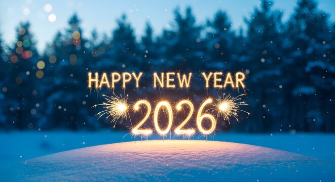 Happy new year 2026 festive celebration with winter forest and sparkling lights