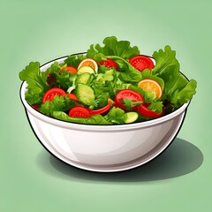Colorful and Nutritious Fresh Garden Salad in a White Bowl, Featuring Crisp Greens, Ripe Tomatoes, Cucumbers, and Bright Citrus Accents, a Healthy Meal Illustration