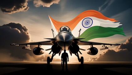  Fighter jet and pilot silhouette with Indian flag in dramatic sunset sky
