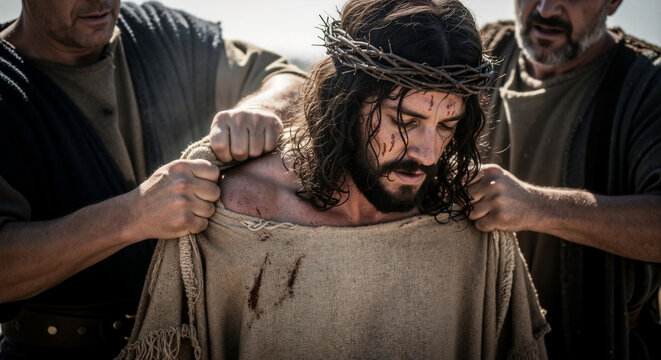 The passion of Christ with soldiers stripping his robe. Jesus wearing a crown of thorns in a dramatic biblical scene of suffering and sacrifice