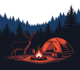 Serene night camping scene with a glowing campfire, a tent, and a majestic deer in a pine forest. Perfect for outdoor enthusiasts and nature lovers.