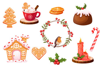 Gingerbread set cute snowman, man, mug with hot beverage, house and tree with icing decoration, seasonal dessert, cookies isolated on white background.