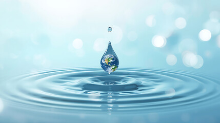 A surreal illustration depicts a single water droplet containing the Earth, highlighting the significance of water and environmental conservation.
