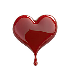 A realistic glossy red heart shape with a drop of liquid dripping down isolated on transparent background