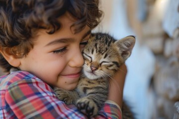 Middle eastern boy kissing his kitten portrait smiling animal.