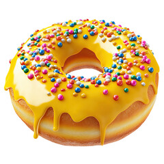 Delicious yellow frosted donut with colorful sprinkles isolated on transparent background