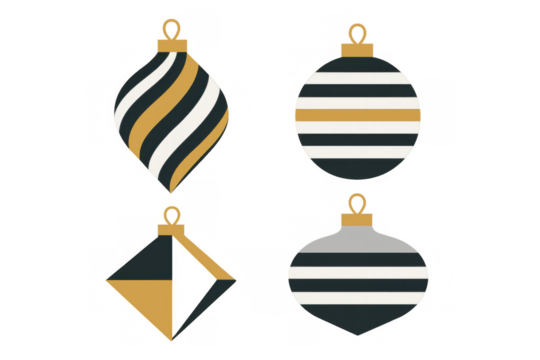Modern christmas ornaments with geometric shapes and striped patterns, festive holiday decoration, transparent background