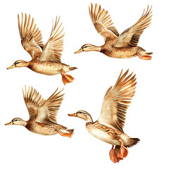 Four mallard ducks in flight with wings spread wide isolated on transparent background