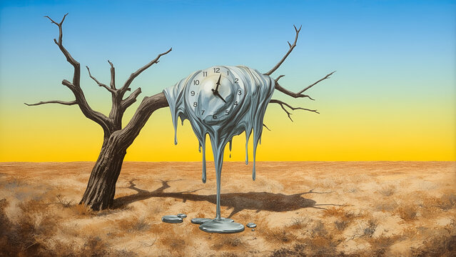 a melting clock on a  tree in the desert
