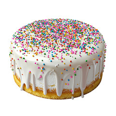 Delicious round white frosted cake with colorful sprinkles and dripping icing isolated on transparent background