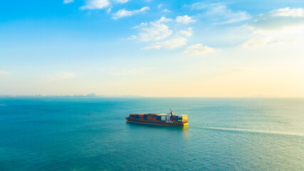 Aerial view of the freight shipping transport system cargo ship container. international...