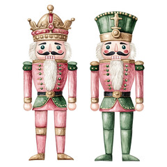Two traditional wooden nutcracker figures with ornate crowns and uniforms isolated on transparent background