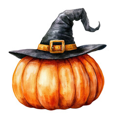 Watercolor illustration of a classic orange pumpkin wearing a black witch hat with a golden buckle isolated on transparent background