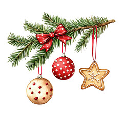 Festive christmas fir branch with red polka dot ornaments and a gingerbread star isolated on transparent background