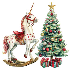 A festive rocking horse unicorn with a decorated christmas tree and presents isolated on transparent background