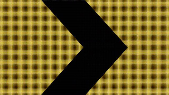 right turn chevron arrow, construction or road safety markings down arrows on a horizontal video digital LED signage LCD display board 4K animation with digital scoreboard texture effect