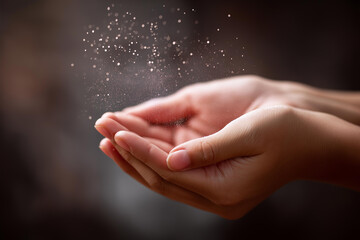 Praying hands with magical powder floating defocused background, faceless spiritual moment, faith visualization detail, blurred blessing setting, hope power concept, devotion inter