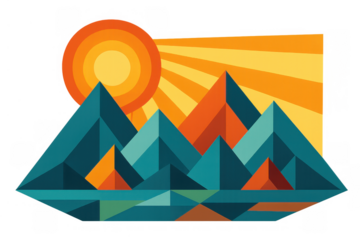 Abstract geometric mountains landscape with a warm rising sun and vibrant colors on a transparent background