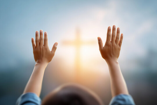 Person with raised hands over cross defocused background, faceless worship concept, praise visualization detail, blurred spiritual setting, devotion gesture, Christian faith interf