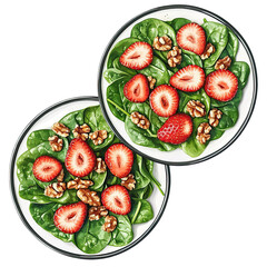Two delicious fresh strawberry spinach salads with walnuts and creamy dressing isolated on transparent background