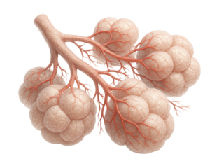 Microscopic view of alveolar sacs featuring thin walls and capillary networks.