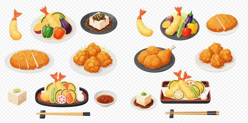 Illustration of Japanese cuisine featuring tempura, tofu, and fried chicken on plates.