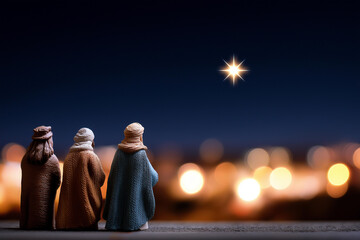 Three wise men with star in sky defocused background, faceless nativity journey, Christmas visualization detail, blurred night setting, Bethlehem concept, Epiphany interface, wise