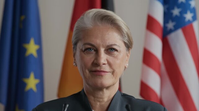Chest up of mature Caucasian woman speaking at podium during high-level summit surrounded by flags of various nations highlighting diplomacy and global unity