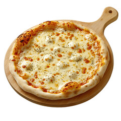 Delicious four cheese pizza with golden crust on wooden board isolated on transparent background