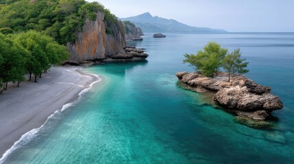 Lush Green Tropical Bay With Turquoise Water And Rocky Shoreline In Sunlight