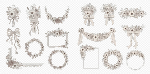 Floral design elements: bouquets, wreaths, garlands, frames, and bows.