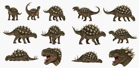 Illustration of Ankylosaurus dinosaurs in various poses and angles, showcasing their armored bodies and unique features.
