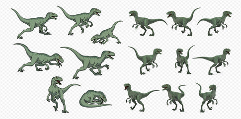 A collection of velociraptor illustrations in various poses.