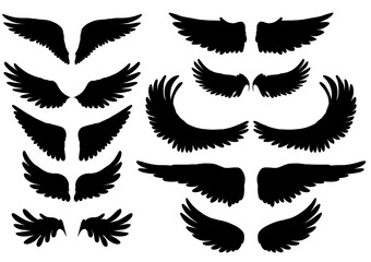 Vector clip arts set of black silhouette of bird wings. Collection of angel wings isolated of the background.
