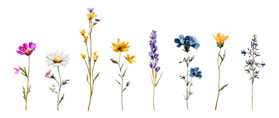 Watercolor set of wildflowers. Wild field and meadow flowers on isolated background. Botanical flowers chamomile, Hypericum, lavender and others. Hand drawn wild flowers.
