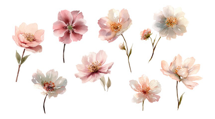 Watercolor set of romantic flowers. Delicate pink flowers on isolated background. Flowers for wedding designs. Floral hand drawn elements. Vector illustration.