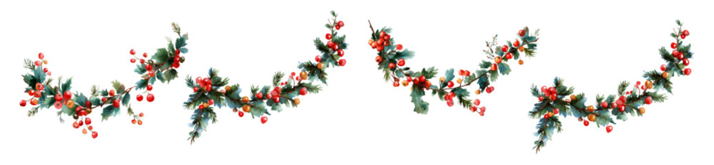 Watercolor set of Christmas garlands from holly branches. Green garland with berries and holly leaves. Natural Christmas elements on a green background. Christmas greenery decor.
