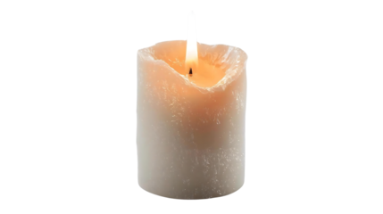 Single white candle half melted, flame glowing, transparent background.