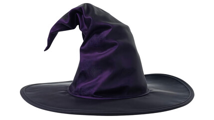 Classic  witch hat with curled tip, realistic fabric texture, isolated on transparent background.
